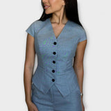 Elegante conjunto de top com decote em V e calças