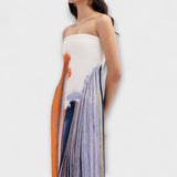 Elegante vestido com blocos de cor e franjas trendy