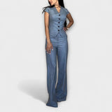 Elegante conjunto de top com decote em V e calças