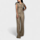 Elegante conjunto de top com decote em V e calças